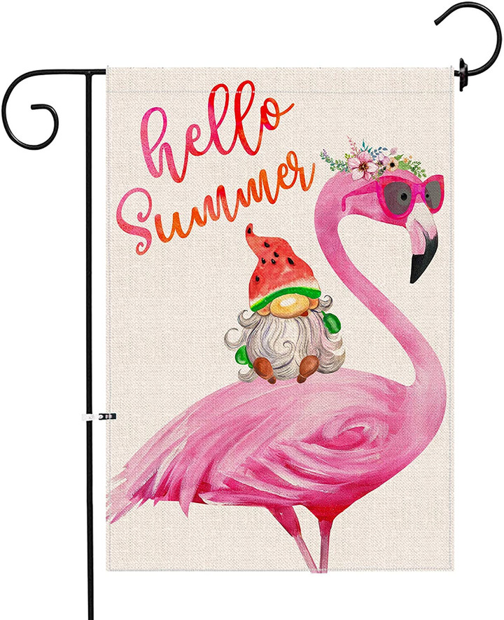 Summer Garden Flag,  Flamingo Summer Garden Flag , Large Gnome Summer House Flag, Burlap Outside Lawn Seasonal Yard Welcome Flag,  Cute Watermelon Beach Porch Pink Decor