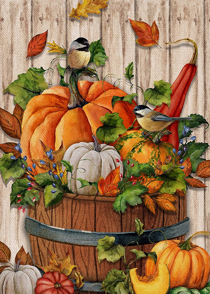 Thanksgiving Garden Flag,  Fall Home Decorative Pumpkin Gourd Chickadee Garden Flag, Autumn House Yard Maple Leaves Bird Outdoor Welcome Decor