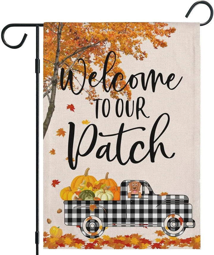 Thanksgiving Garden Flag, Fall Garden Flag Welcome To Our Patch Buffalo Plaid Truck Pumpkin Maple Leaf Double-sided Vertical Burlap Garden Flag Used