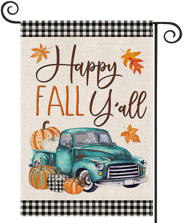 Thanksgiving Garden Flag,  Happy Fall Y'all Garden Flags for Outside,Harvest Buffalo Plaid Truck with Pumpkins Maple Leaves,Small Yard Flags for Patch,Thanksgiving Farmhouse Decor