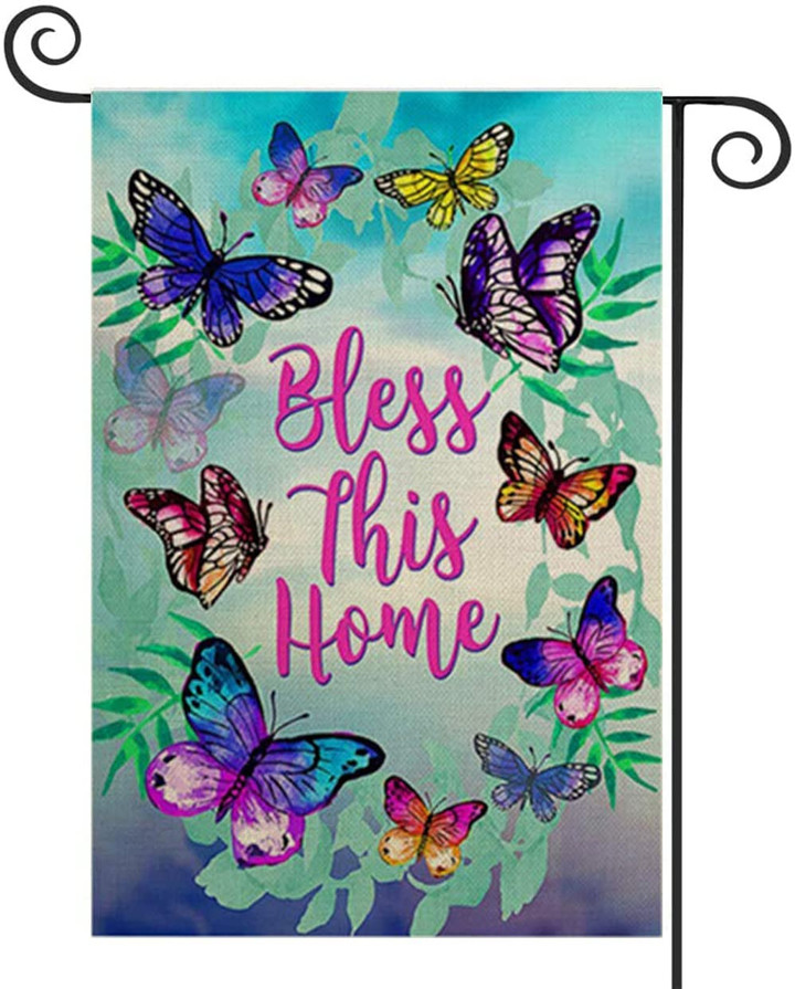 Butterfly Garden Flag,  With Bless This Home Spring Garden Flag  Watercolor Butterfly Summer Outdoor flag Banner for Farmhouse Yard Lawn Outdoor Decoration