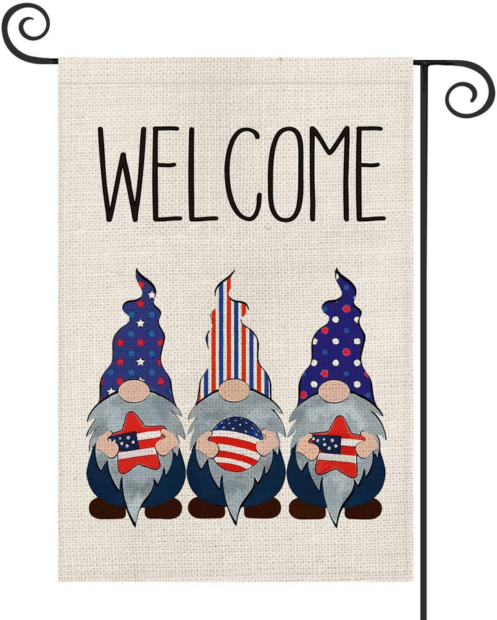 Christmas Garden Flag,  Welcome Strip and Star American Flag Gnomes Garden Flag Double Sided, 4th of July Patriotic Memorial Day Independence Day Yard Outdoor Decoration