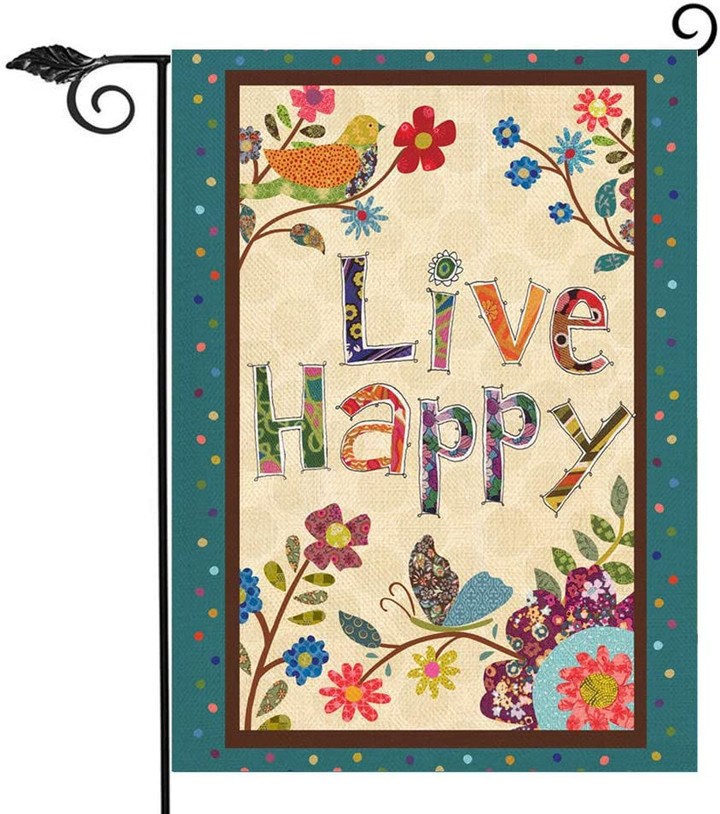 Spring Garden Flag,  Live Happy Decorative Small Garden Flag Flower Bird, Spring Summer Inspirational Quote House Yard Outdoor Butterfly Floral Decor, Fall Positive Farmhouse Outside Decoration