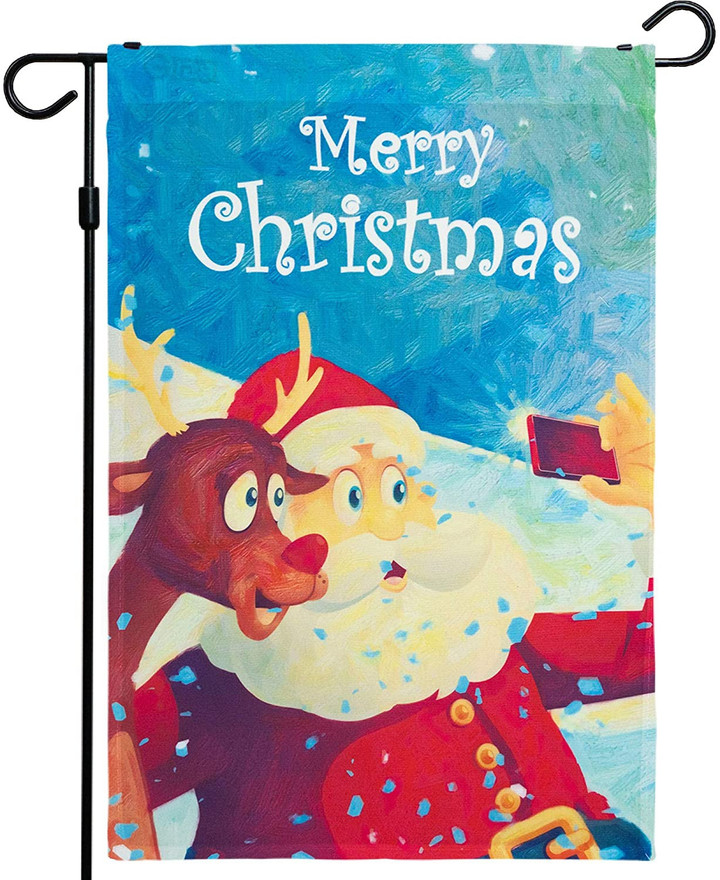 Christmas Garden Flag, Christmas and Winter Themed Decorations - Santa and Reindeer with Merry Christmas Quote, Rustic Holiday Seasonal Outdoor Flag