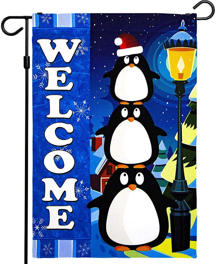 Christmas Garden Flag, Christmas and Winter Themed Decorations - Welcome Three Cute Penguins, Rustic Holiday Seasonal Outdoor, Decorations Farm Yard Wall Decor