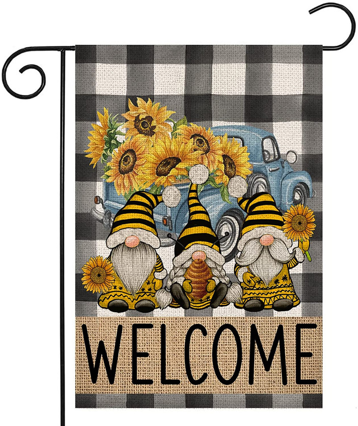 Sunflower Garden Flag, Welcome Summer Garden Flag 12x18 Inch Double Sided,Gnome Bees and Truck with Sunflowers Small Yard Flags for Outside