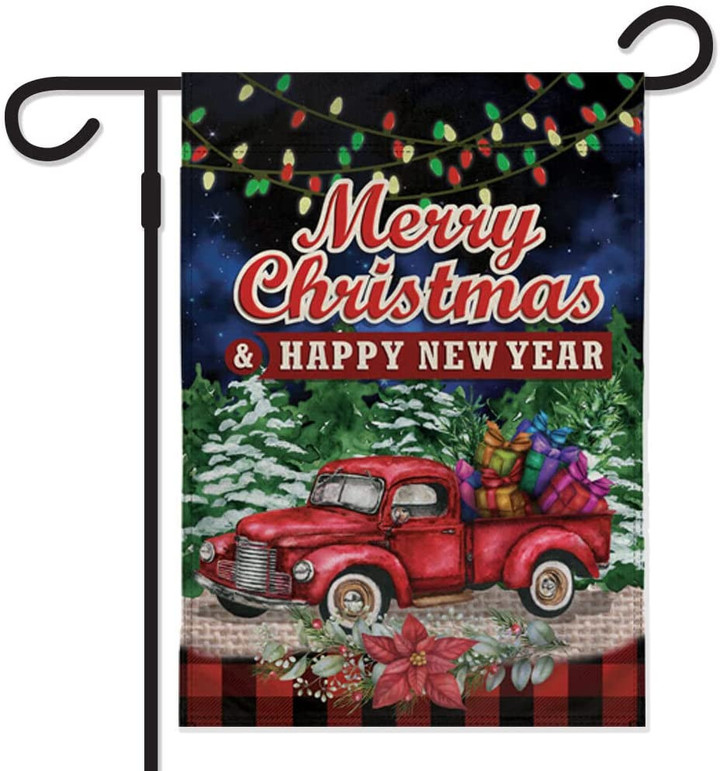 Merry Christmas Red Vintage Truck Garden Flag for Christmas & Happy New Year - Double Sided Garden Flag for Porch, Yard, Garden, Home, Holiday Decor