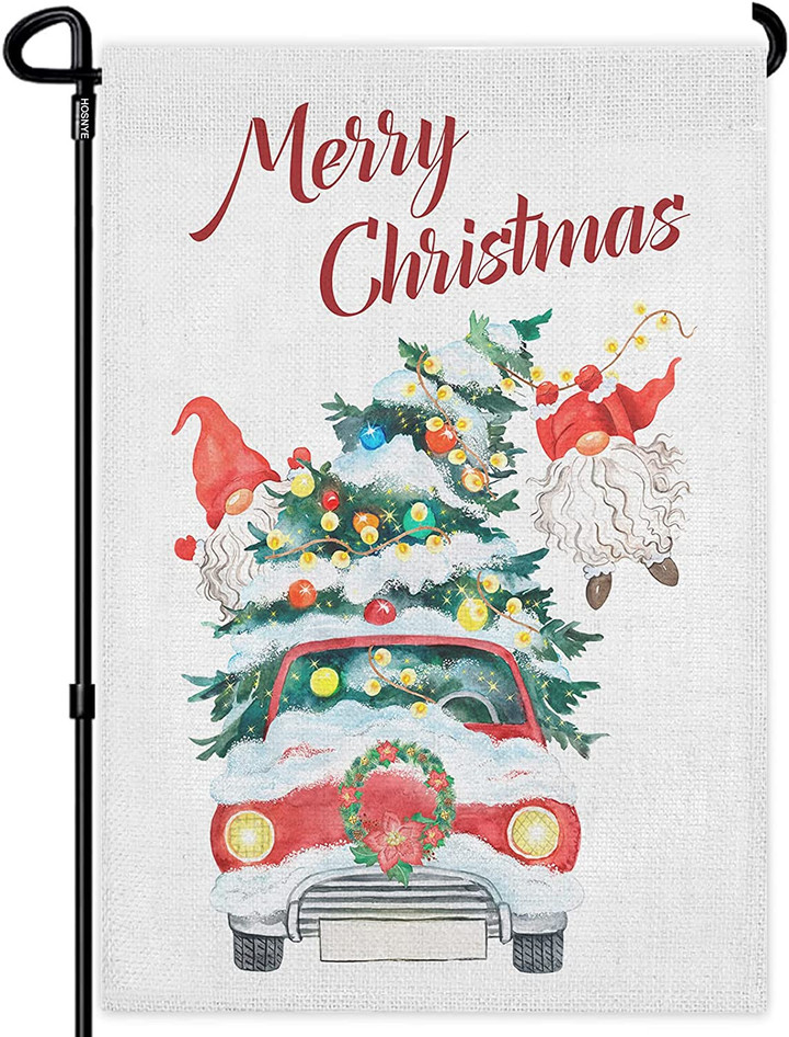 Christmas Garden Flag, Merry Christmas Garden Flag  Watercolor Christmas Gnome with Red Car Christmas Tree with Garland Garden Flags for Outside Outdoor Holiday Yard Flag Lawn Banners