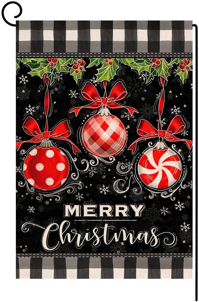 Christmas Garden Flag,  Merry Christmas Ball Small Garden Flag  Vertical Double Sided Red Black Winter Holiday Outdoor Decorations Burlap Yard Flag