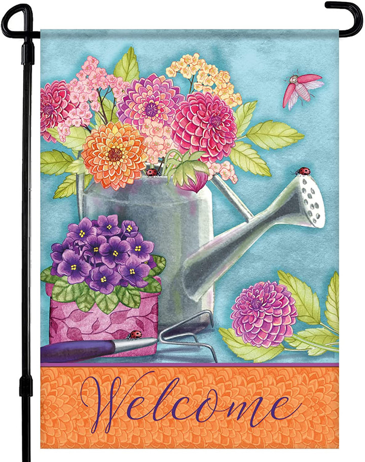 Spring Garden Flags - Floral Watering Can Flag Printed in Premium Polyester - Seasonal House Welcome Banner for Outdoor, Yard, Lawn, Deck, and Patio - Suits Most Holder