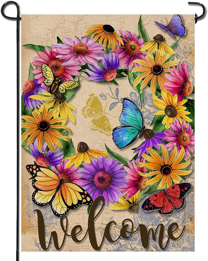 Butterfly Garden Flag,  Welcome Summer Flower Wreath Home Decorative Garden Flag, Daisy Floral House Yard Vintage Butterfly Decor Outside Decorations, Spring Farmhouse Outdoor Small