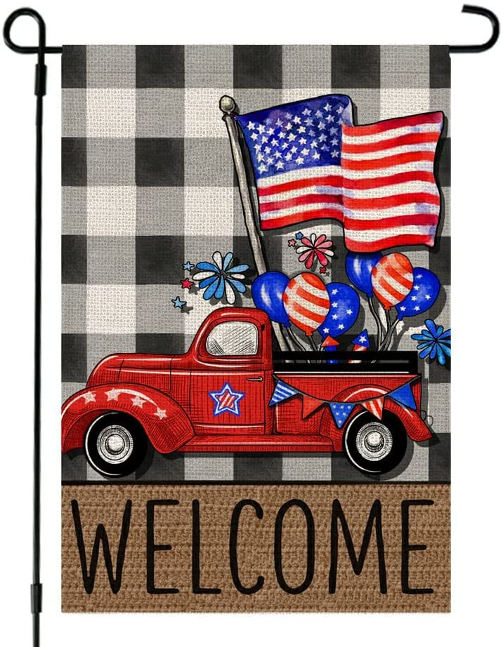 4th of July Patrioctic Welcome Truck Garden Flag 12x18 Inch Double Sided USA Flag Plaid Memorial Day Independence Day Outside Yard Party Decoration