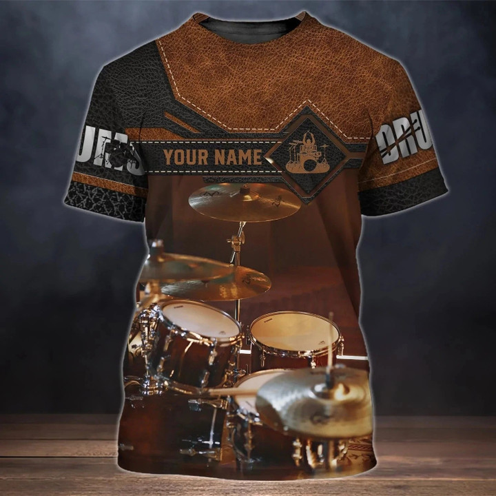 3D Print Brown T Shirt For A Drummer, Drum Print On Shirt Leather Pattern, Custom Shirt For A Drummer