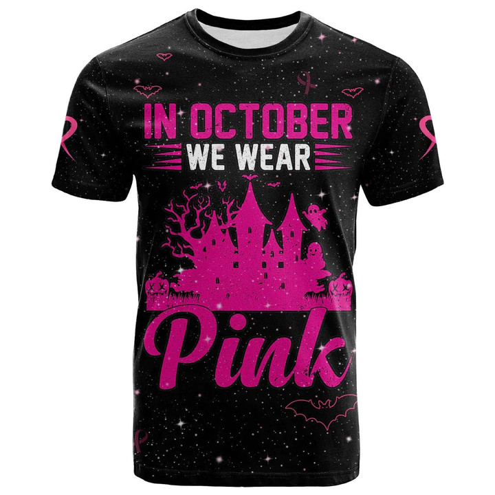 3D All Over Print Breast Cancer T Shirt In October We Wear PINK Halloween Castle Black