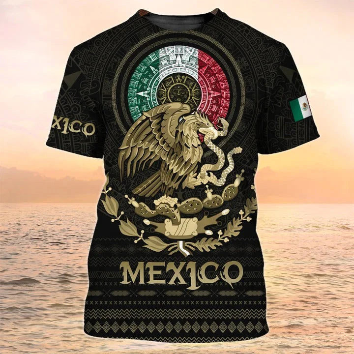 Mexico Coat Of Arm 3D Print Shirt, Mexico Azteca Pattern Tshirt