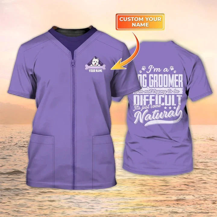 I Am A Dog Groomer 3D Purple Shirt, It's Just Come Natural, Dog Groomer Tshirt, Groomer Shop Uniform