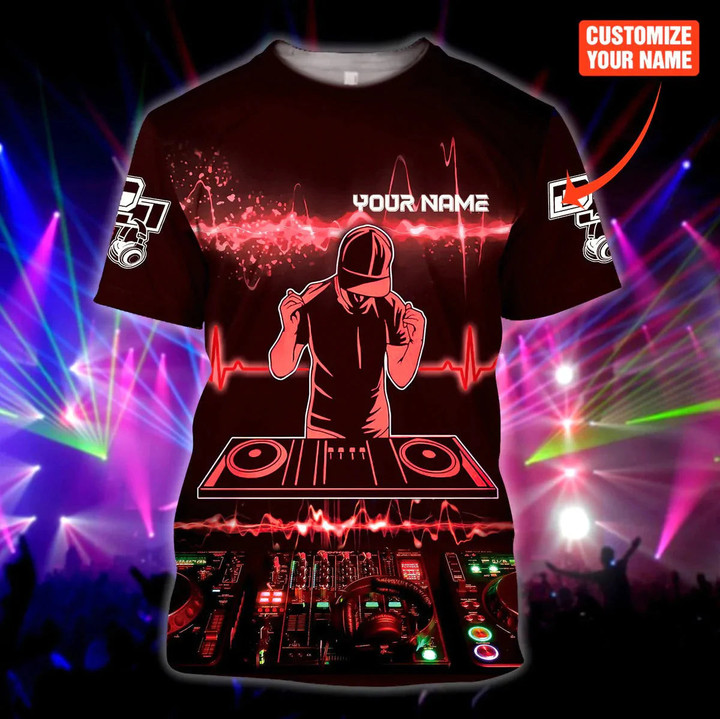 Custom 3D Print DJ Shirt For Men Woman, Deezay Tshirt Black And Red Pattern, Present To DJ