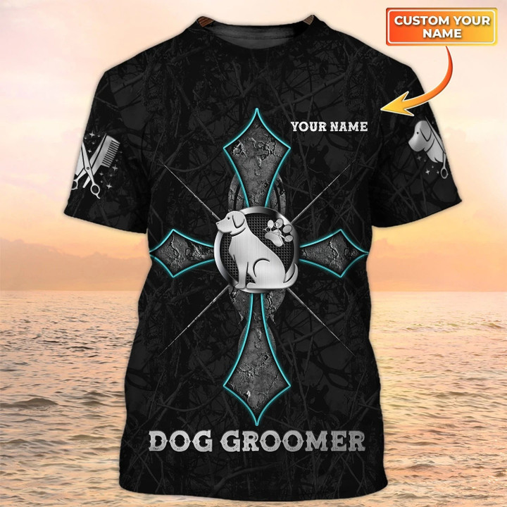 Personalized 3D Cross Dog Groomer Black Shirt Pet Groomer Uniform Salon Pet