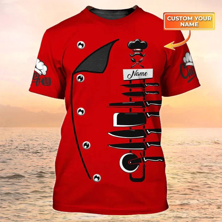 Cook T Shirts 3D Custom Name Chef Knives Red Shirt, Chef Uniform Tshirt