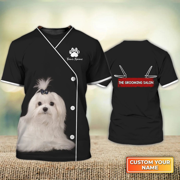 Customized 3D All Over Printed Maltese Dog Groomer Tee Shirt Pet Groomer Uniform Pink Salon Pet
