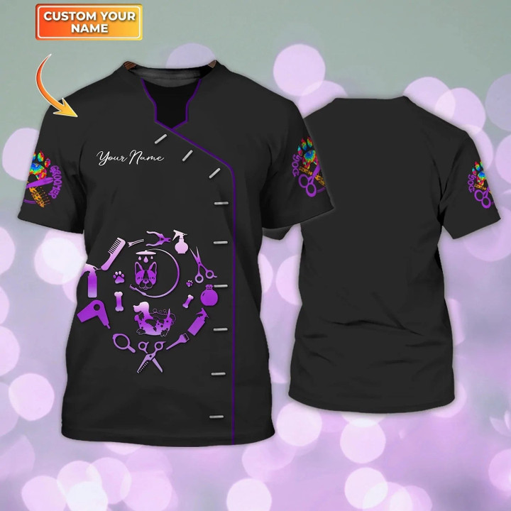 Personalized Purple Black Dog Groomer Shirt Pet Salon Groomer Uniform T Shirts
