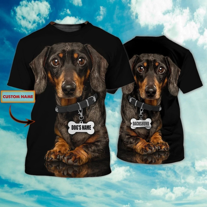 Custom Name Love Dachshund 3D Full Printed T Shirt, Black Shirt For Dog Lovers