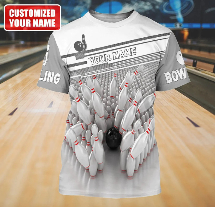 Personalized Name 3D All Over Printed Grey Bowling Shirt Men Women