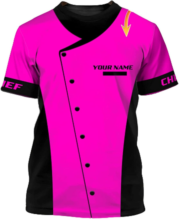 Personalized Name Chef Black and Pink Pattern 3D All Over Printed T-Shirts, Uniform For Chef Department, Gift For Cooking Lover