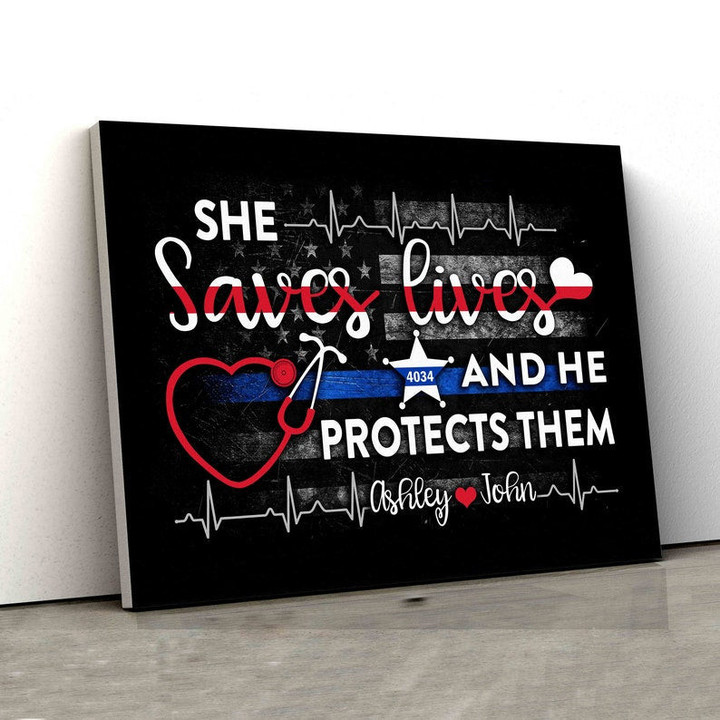 Police And Nurse Couple Canvas - She Saves Live And He Protects Them - Custom Name Canvas, Personalized Flag Canvas, Valentine's Day Gift