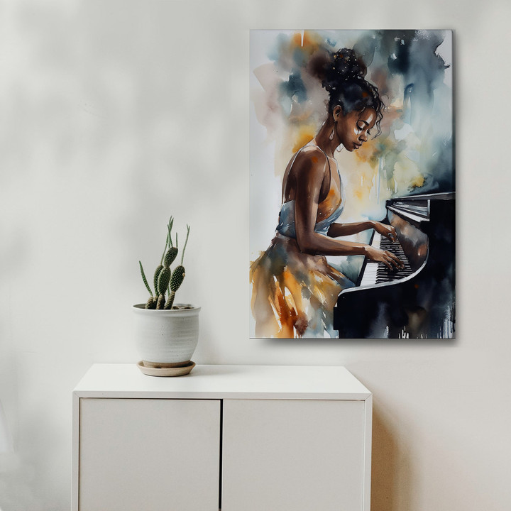 Black Girl With Piano Wall Art, Canvas Decor, Beautiful Black Girl Playing Piano, Watercolor Art