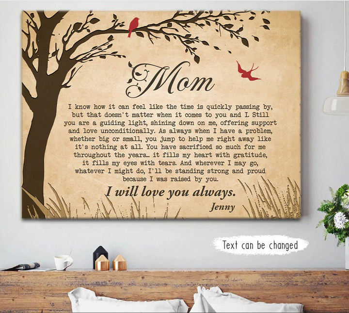 Personalized Old Tree, Red Bird, Dear Mom Canvas Wall Art, Mother's Day Custom Gift From Son Daughter Kid