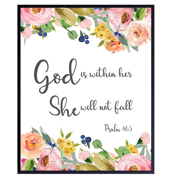 Psalm 46 - God is Within Her She Will Not Fall - Positive Quotes Wall Decor - Motivational Posters - Inspirational Christian Wall Art - Bible Verse Scripture Decor - Gift for Religious Women, Girls