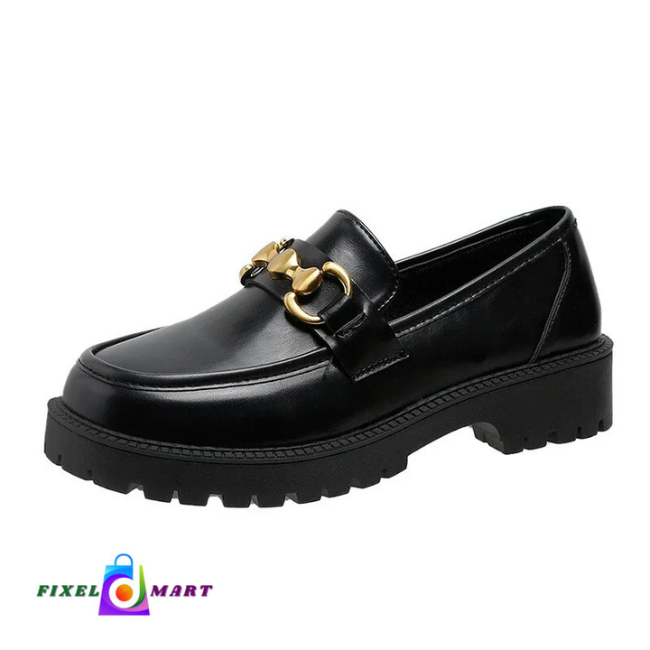 Women Loafers 2024 Spring Metal Button Black Platform Women's Shoes Fashion JK Lolita Soft Soled Student Office Leather Shoes