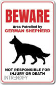 Metal sign with German Shepherd theme featuring the message "Beware German Shepherd"