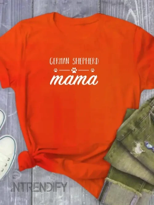GERMAN SHEPHERD Mama Letter Print T-Shirt: Women's Short Sleeve Loose Fit Tee, O-Neck, Summer Tops