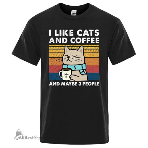 I Like Cats And Coffee Street Funny T-Shirt For Men Fashion Casual Loose Cotton Clothing Crewneck Breathable Tshirt Hip Hop Tees