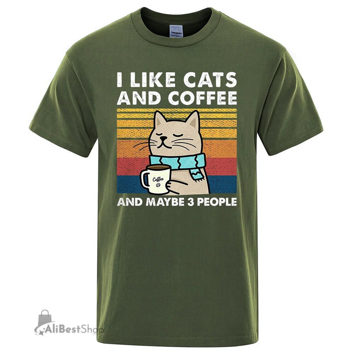 I Like Cats And Coffee Street Funny T-Shirt For Men Fashion Casual Loose Cotton Clothing Crewneck Breathable Tshirt Hip Hop Tees