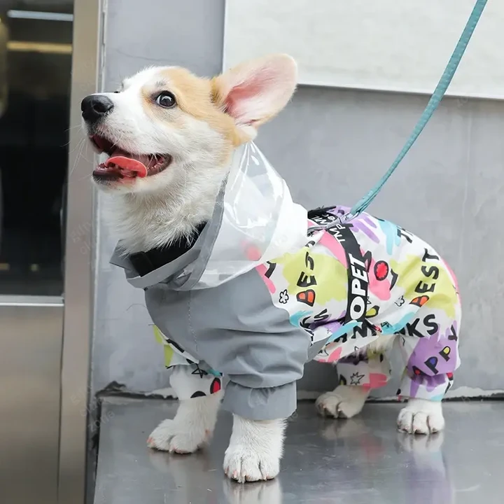 HOOPET Four Seasons Dog Raincoat Four-legged Waterproof Coat for Corgi Teddy Small Medium Dogs Pet Raincoat with Towing Pad