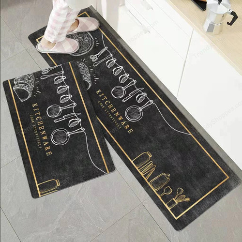 2pcs crystal velvet kitchen floor mat, super anti-slip absorbent oil absorption kitchen carpet