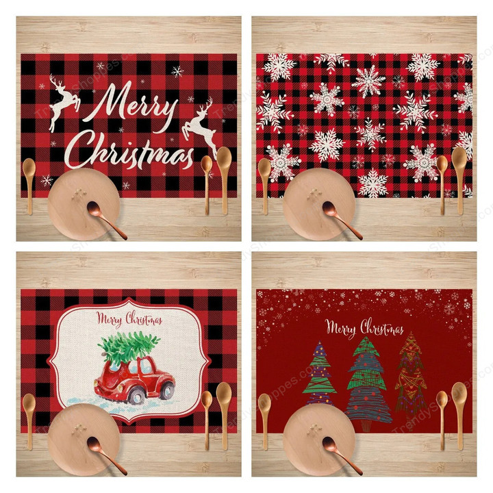 4pcs/set Christmas Placemat Set Red Plaid Pattern kitchen Placemats Santa Claus Snowflake Tablecloth Decorative Linen Table Mat