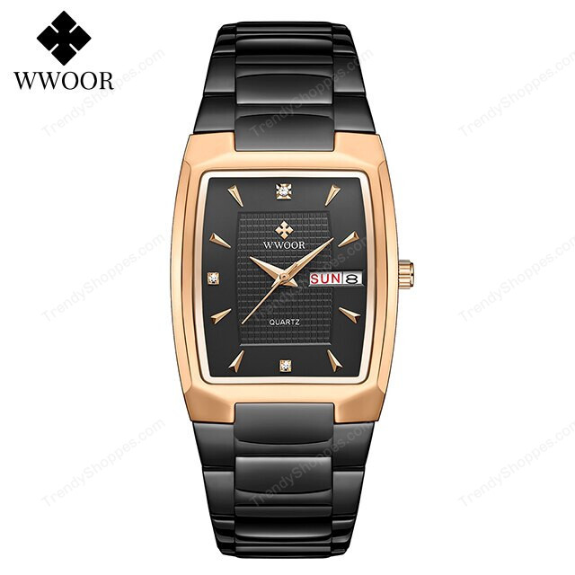 WWOOR New Square Watch Men with Automatic Week Date Luxury Stainless Steel Gold Mens Quartz Wrist Watches Relogio Masculino