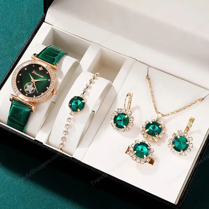 6PCS Set Green Luxury Quartz Watch Women Ring Necklace Earring Rhinestone Fashion Wristwatch Casual Ladies Bracelet Watches