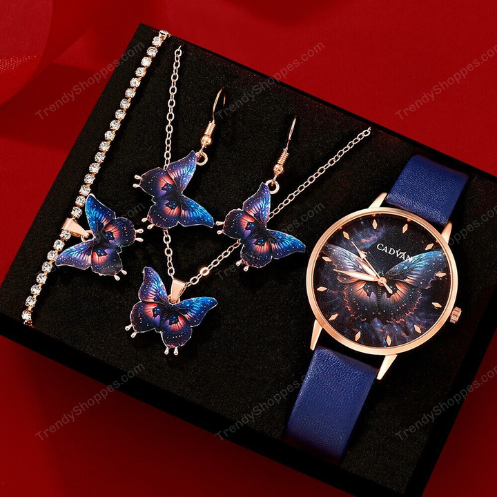 5PCS Set Women Fashion Butterfly Quartz Watch Brand Design Female Clock Leather Band Ladies Casual Wrist Watch Reloj Mujer
