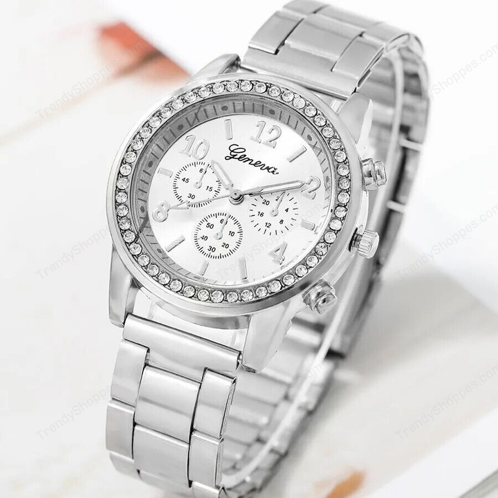 1pc Luxury Quartz Watch Women Business Fashion Casual Round Rhinestone Rhinestone Silver Stainless Steel Strap Watch