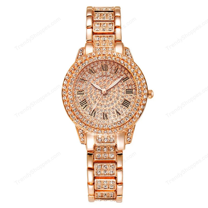 2pcs Luxury Women Diamond Watches Hip Hop Bracelet Ladies Quartz Watch Rose Gold Womens Wristwatch Shiny Crystal Reloj Mujer