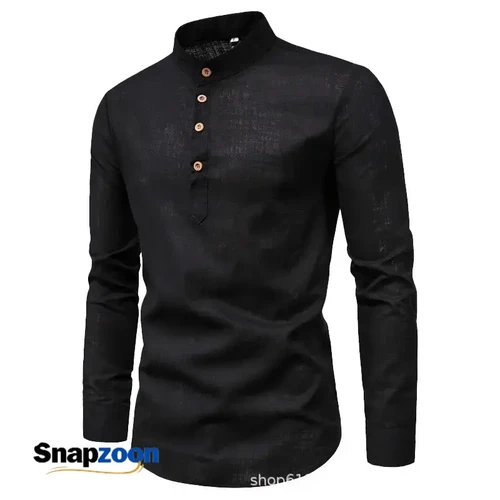 Men's solid color casual slim fitting standing collar long sleeved business shirt shirt