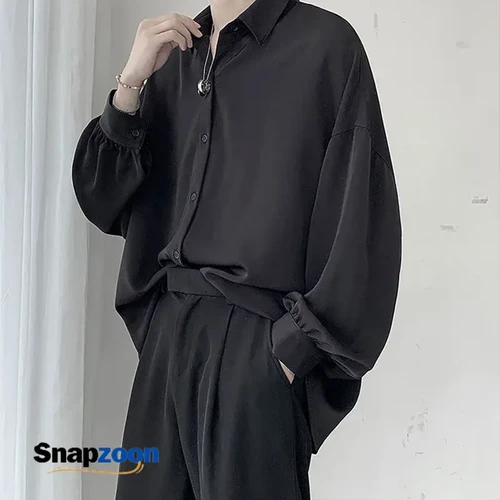 Free Black Tie Long-sleeved Shirts Men Korean Comfortable Blouses Casual Loose Single Breasted Shirt Mens Tshirt Harajuku