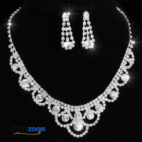 Luxury Elegant Zircon Flower Necklace Earrings Set For Women Silver Color Rhinestone Waterdrop Heart Wedding Bridal Jewelry Set