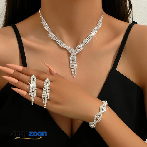 4pcs women's jewelry set with rhinestone inlaid necklaces, earrings, bracelets, wedding accessories