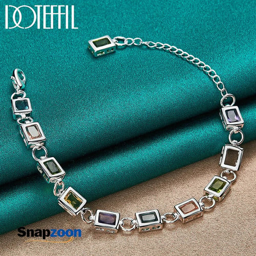 DOTEFFIL 925 Sterling Silver Square inlaid With Multi-color AAA Zircon Bracelet Chain For Woman Engagement Party Wedding Jewelry